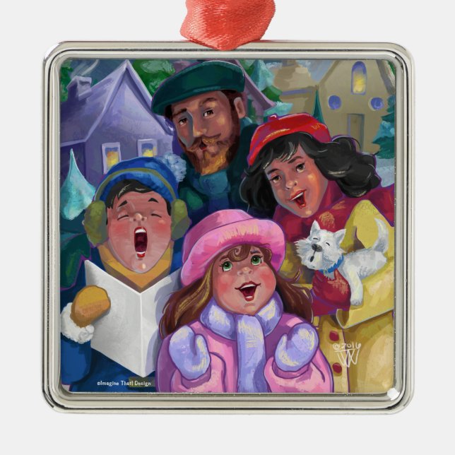 Go a Caroling Illustration Metal Tree Decoration (Front)