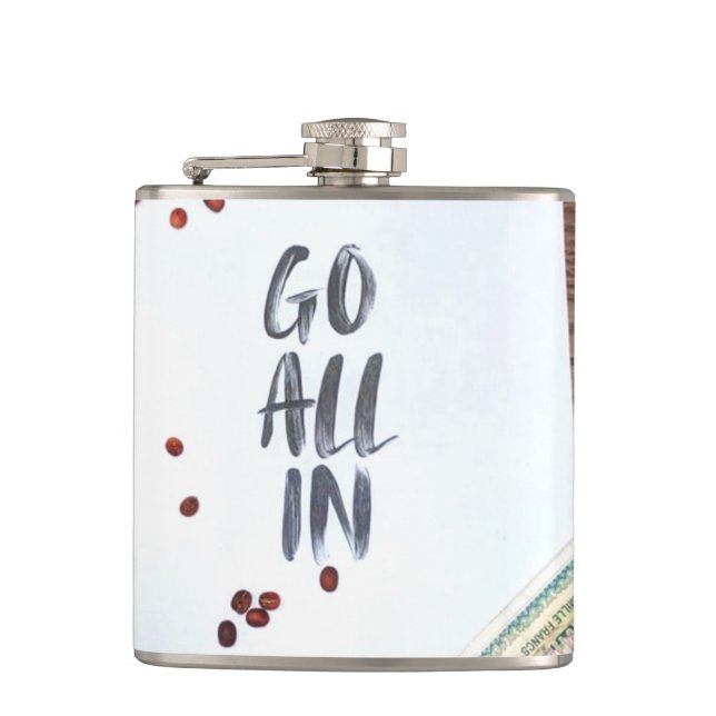 Go All In, Travel Take A Risk Hip Flask (Front)