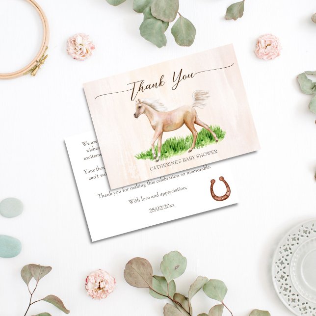 Go baby go horse derby equestrian baby shower thank you card (Go baby go horse race derby equestrian baby shower thank you cards cute beige running foal)
