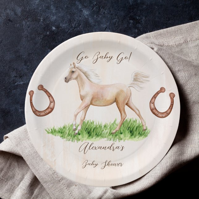 Go baby go running beige horse foal baby shower paper plate (Creator Uploaded)