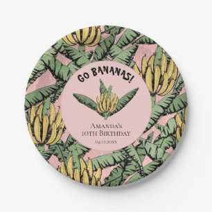 Go Bananas Pink Tropical Yellow Banana and Leaves Paper Plate