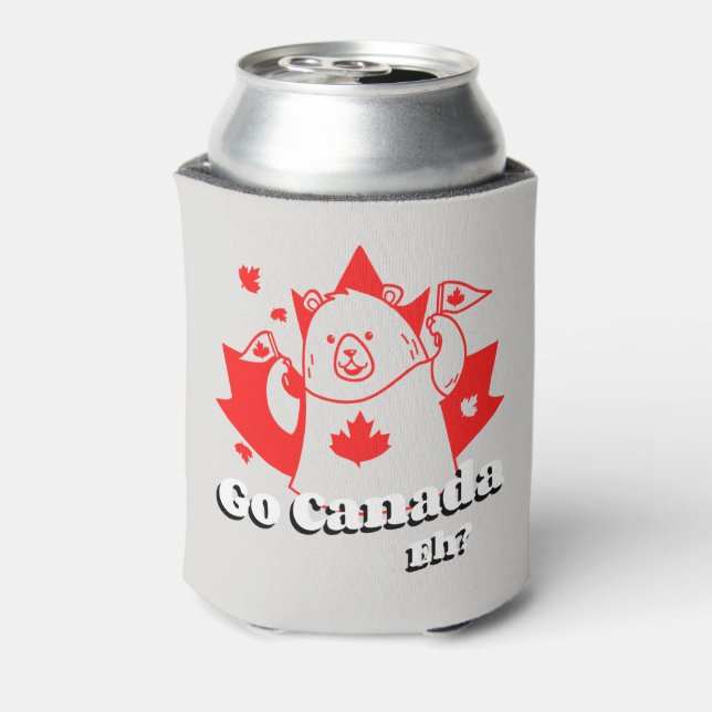 Go Canada Eh? Funny Canadian Bear with Flag Can Cooler (Can Back)