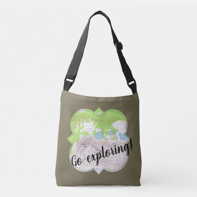 "Go Exploring" Topographic Map Quatrefoil Crossbody Bag (Front)