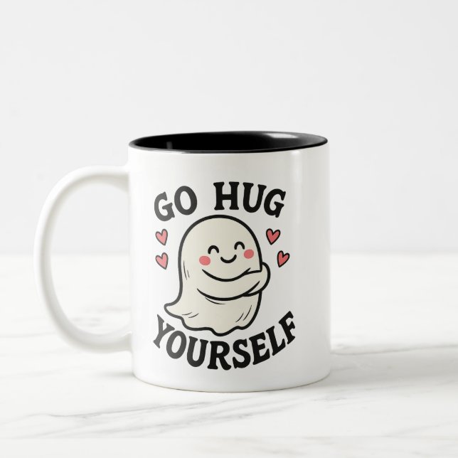 Go Hug Yourself Ghost – Cute Halloween Self-Love Two-Tone Coffee Mug (Left)