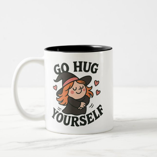 Go Hug Yourself Witch – Cute Halloween Self-Love Two-Tone Coffee Mug (Left)