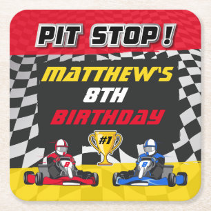 Go Kart Chequered Flag Birthday Square Paper Coaster