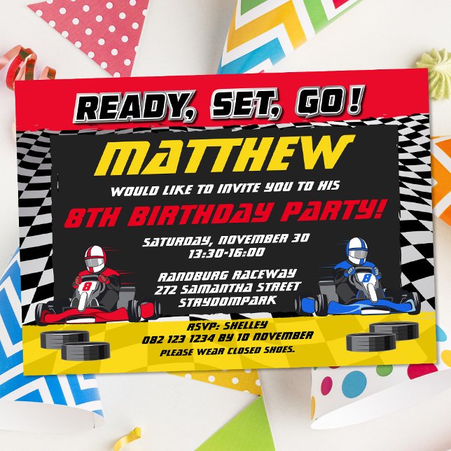 Go Kart Racing Car Birthday Party Invitation (Go Kart Kids and Adults Birthday Party)
