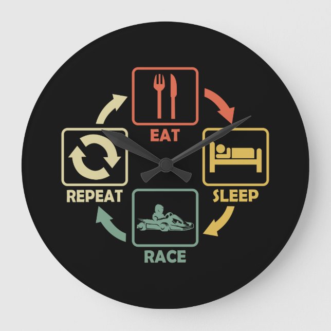 Go Kart Racing Eat Sleep Repeat Retro Large Clock (Front)