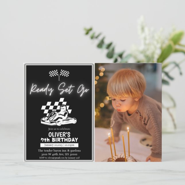 Go karting, racing car boy photo birthday invitation (Standing Front)