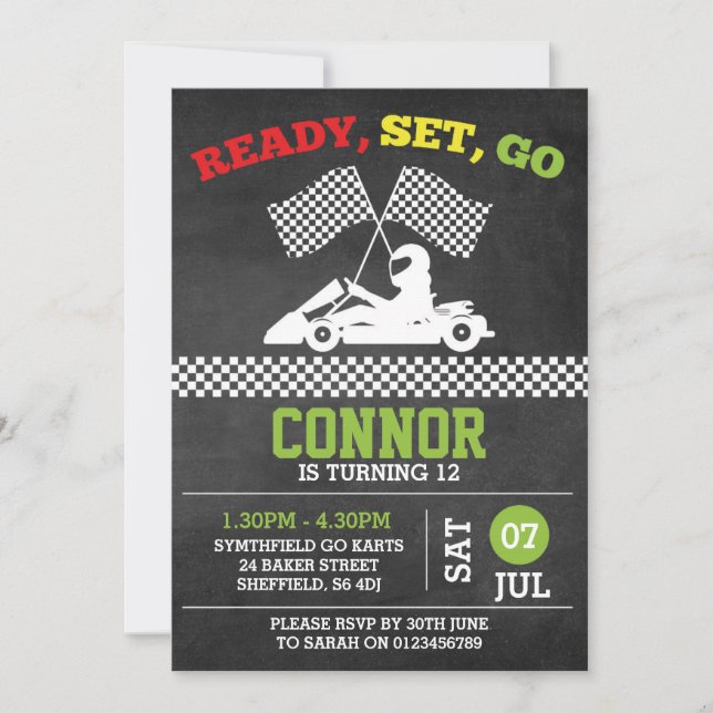 Go-Karting themed birthday party invitation (Front)