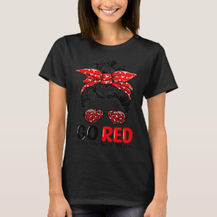 Go Red Messy Hair Bun Woman Leopard Heart Disease T-Shirt