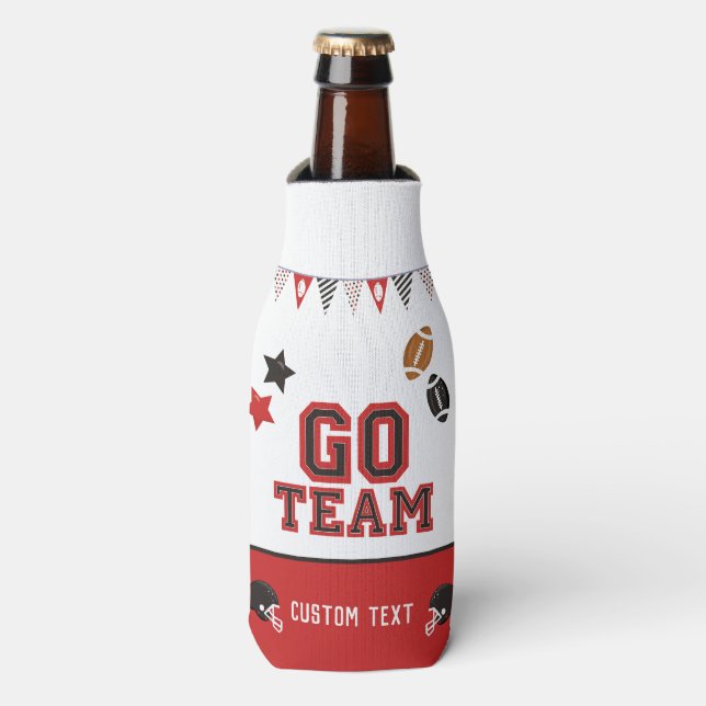 Go Team Football Fan Red and Black Festive Sports Bottle Cooler (Bottle Front)