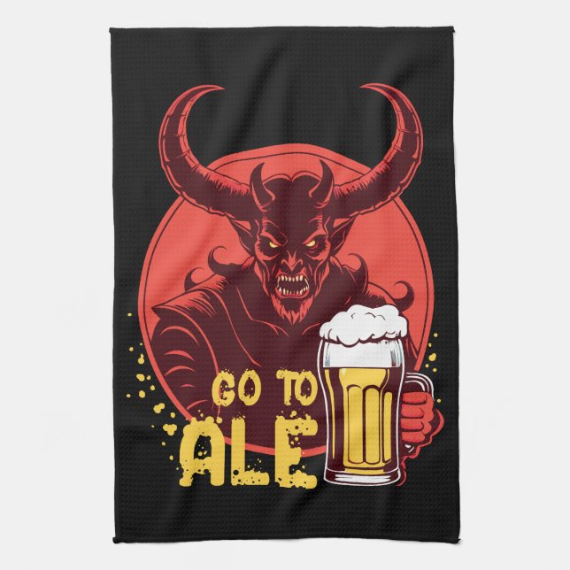 Go To Ale - Satan Drinking Beer Tea Towel (Vertical)