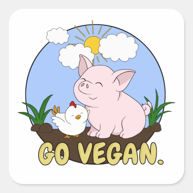 Go Vegan - Cute Pig and Chicken Square Sticker (Front)