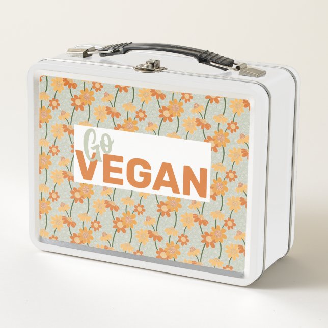 Go vegan! Pretty retro muted 1970s flowers Metal Lunch Box (Front)