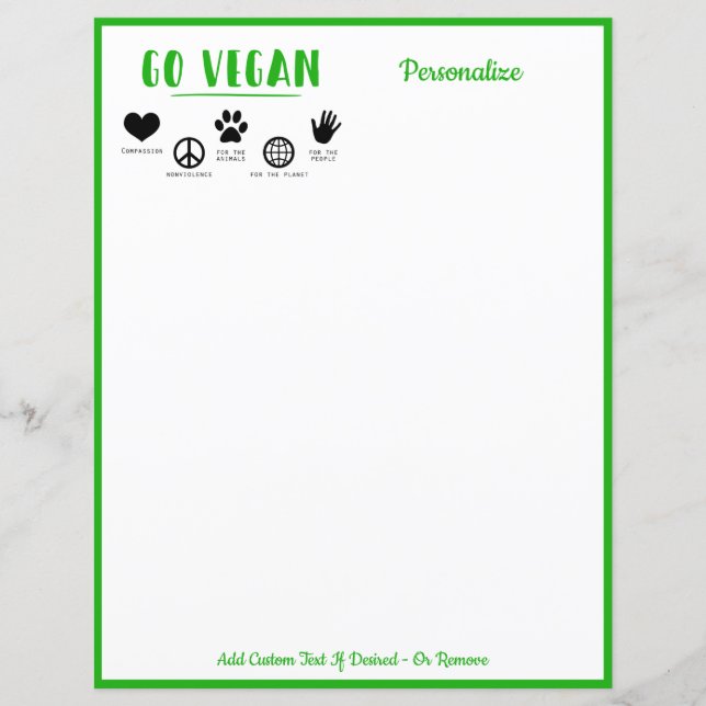 Go Vegan Quote Green Personalised Writing Paper (Front)