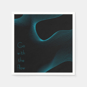 "Go with the Flow" Modern Black & Blue Wavy Lines Napkin