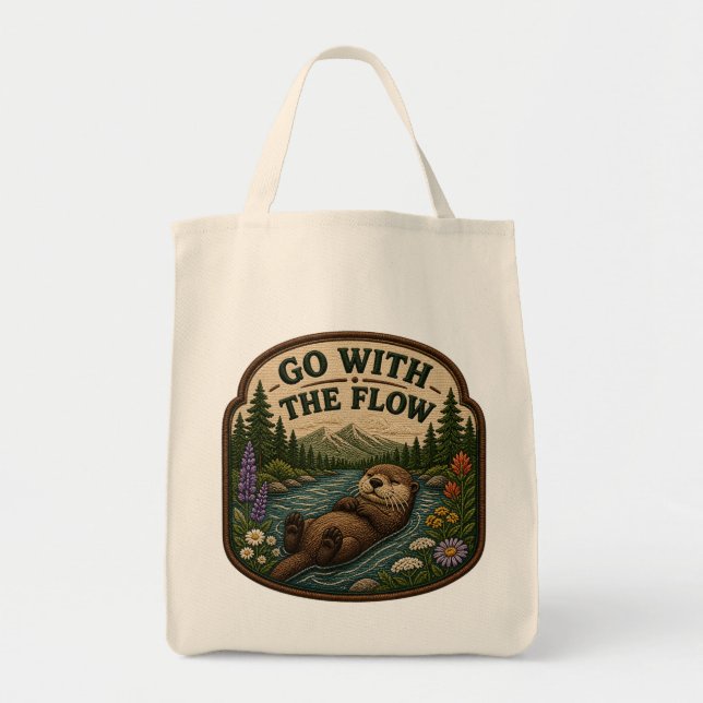 Go With The Flow Otter Embroidered Patch Tote Bag (Front)