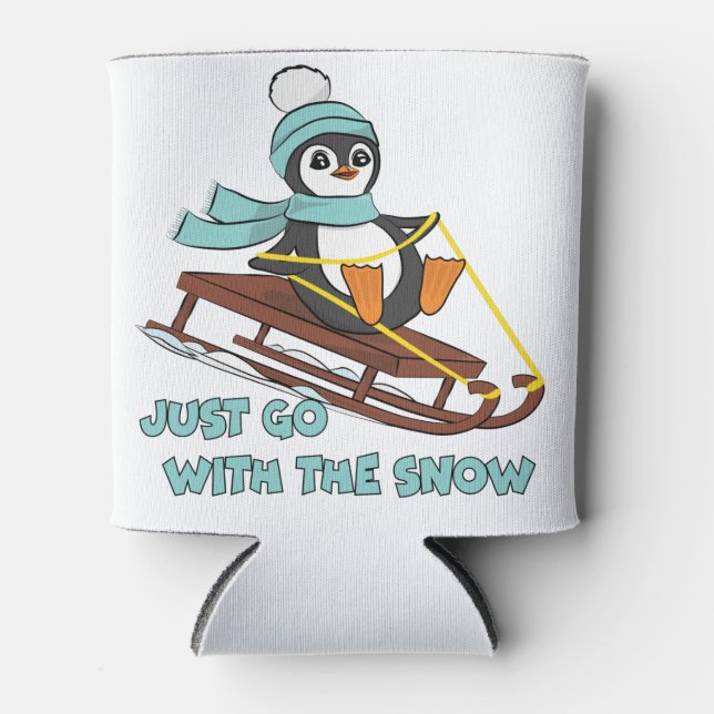 Go With The Snow Sledding Cute Penguin Winter Can Cooler (Front)