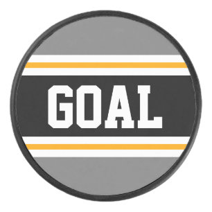 GOAL Bold Grey Black White Yellow Athletic Stripes Hockey Puck
