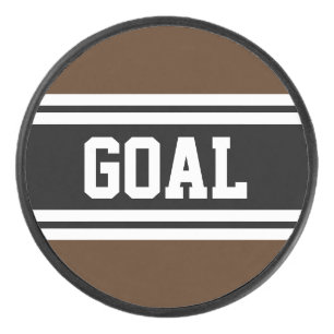 GOAL Bold Sporty Brown Black White Racing Stripes Hockey Puck