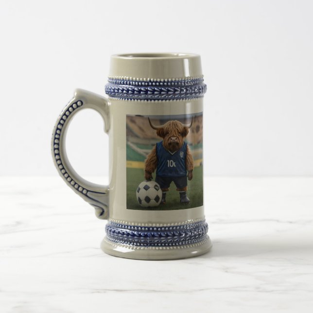 "Goal-Getter: A Highland Cow Dressed for Soccer"  Beer Stein (Left)