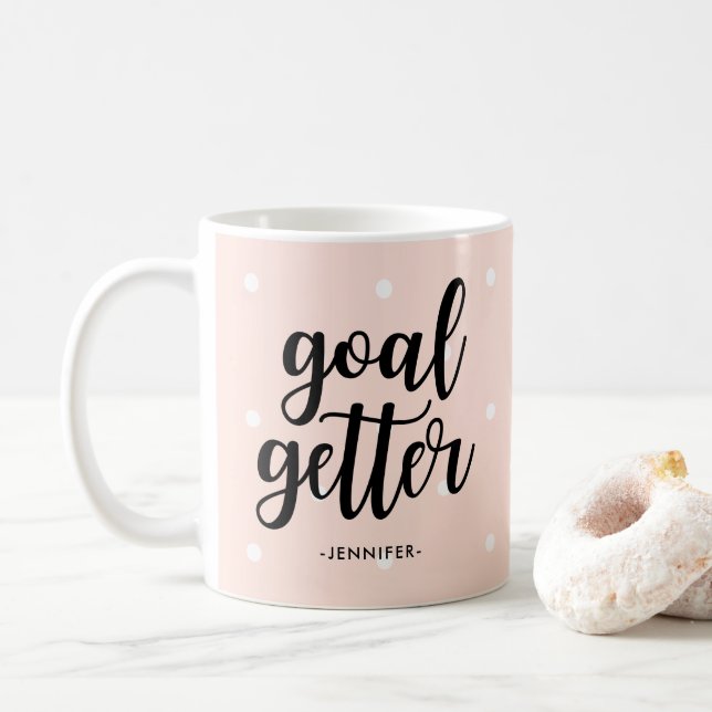 Goal Getter | Pink Polka Dots and Typography Coffee Mug (With Donut)