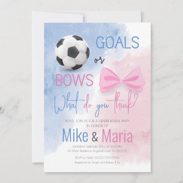 Goals or bows gender reveal invitation (Front)