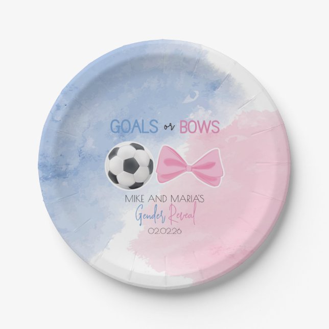 Goals or bows gender reveal party paper plate (Front)