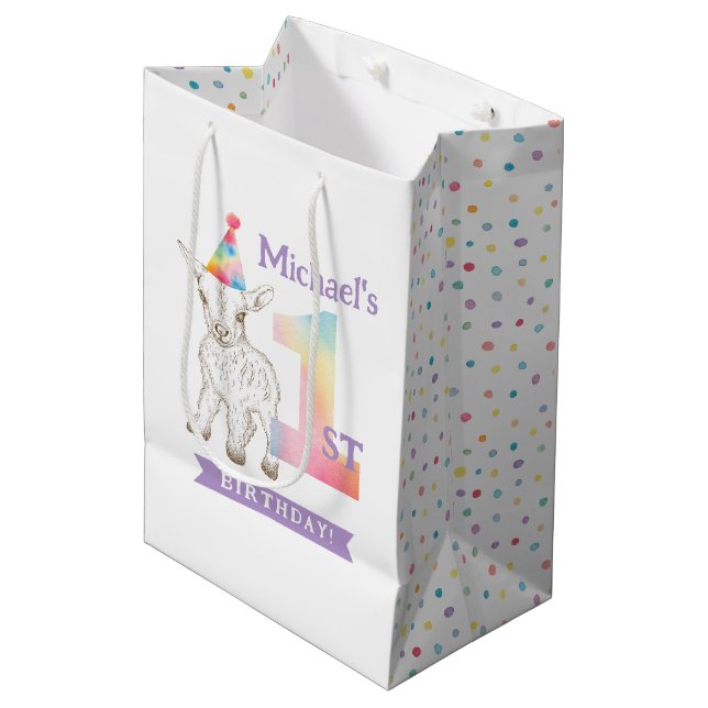 Goat 1st Birthday Gift Bag – Cute Farm Animal Them (Front Angled)