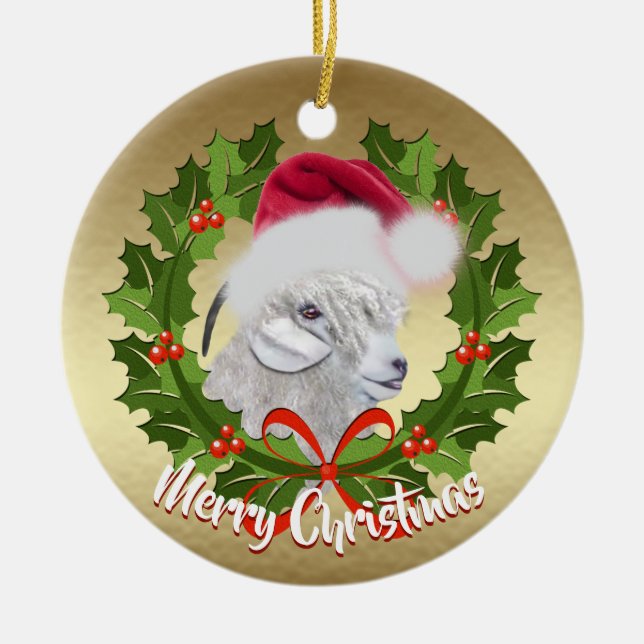 GOAT Angora Goat Doe Santa Hat Christmas Ceramic Tree Decoration (Front)