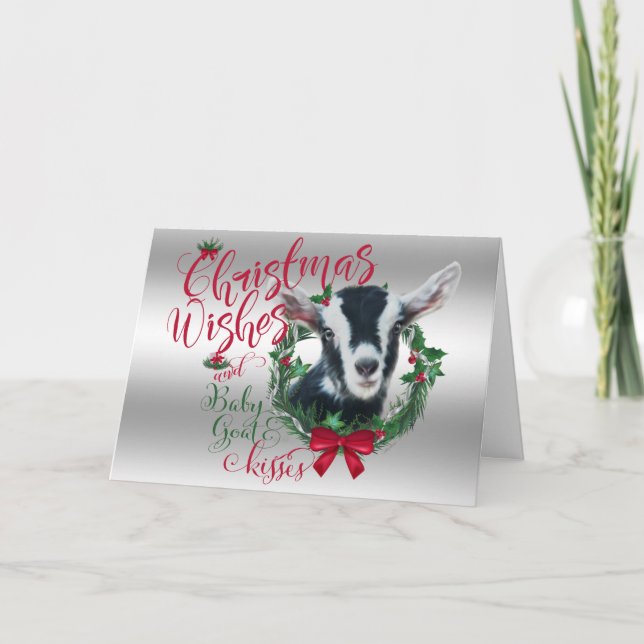 GOAT | Christmas Wishes Baby Goat Kisses Alpine Holiday Card (Front)