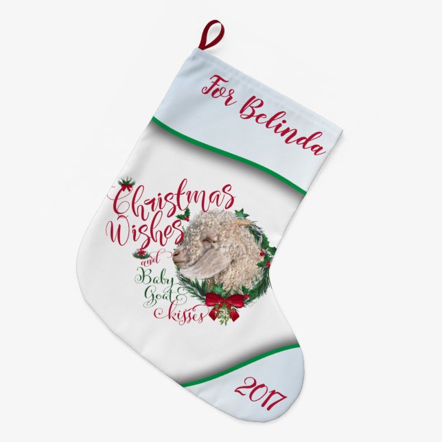 GOAT | Christmas Wishes Baby Goat Kisses Angora Large Christmas Stocking (Front (Hanging))