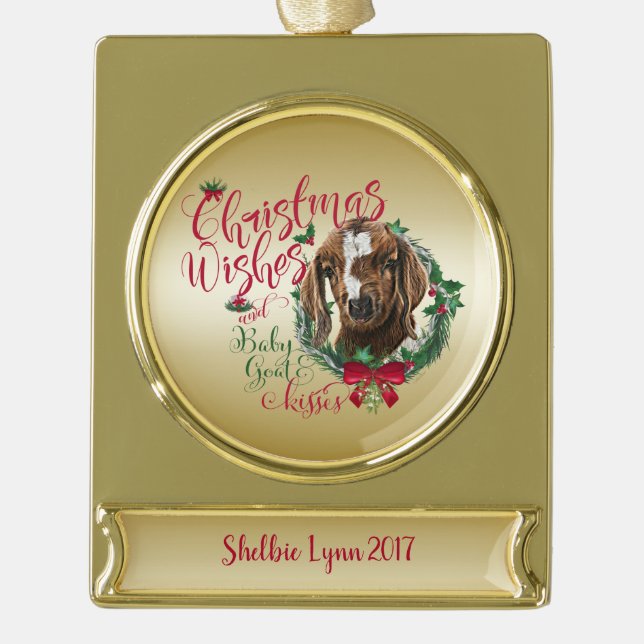 GOAT | Christmas Wishes Baby Goat Kisses Boer Gold Plated Banner Ornament (Front)
