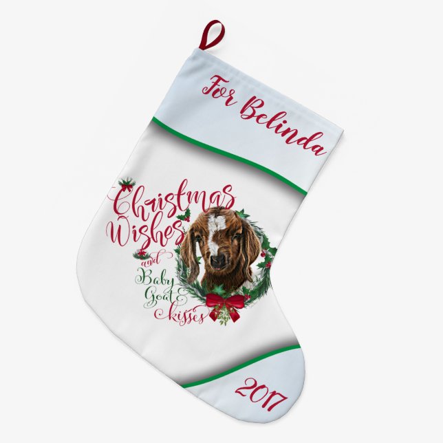 GOAT | Christmas Wishes Baby Goat Kisses Boer Large Christmas Stocking (Front (Hanging))