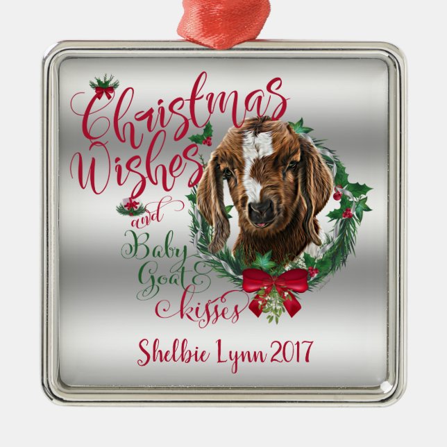 GOAT | Christmas Wishes Baby Goat Kisses Boer Metal Tree Decoration (Front)