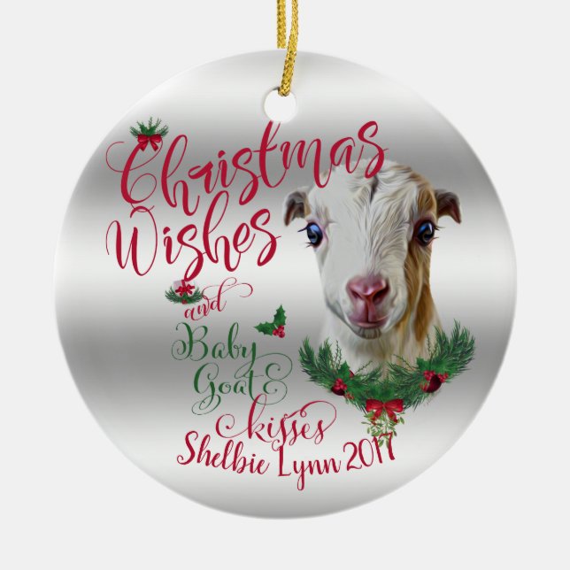 GOAT | Christmas Wishes Baby Goat Kisses LaMancha Ceramic Tree Decoration (Front)