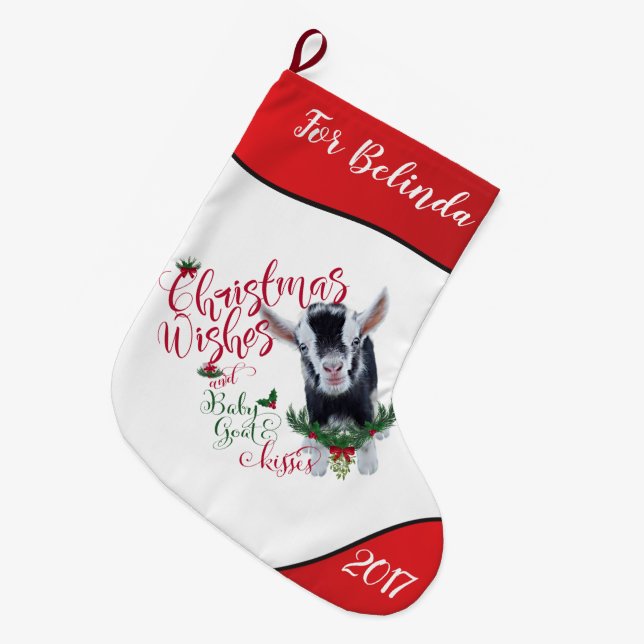 GOAT | Christmas Wishes Baby Goat Kisses Nigerian Large Christmas Stocking (Front (Hanging))
