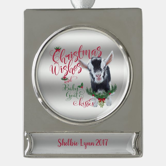 GOAT | Christmas Wishes Baby Goat Kisses Nigerian Silver Plated Banner Ornament (Front)