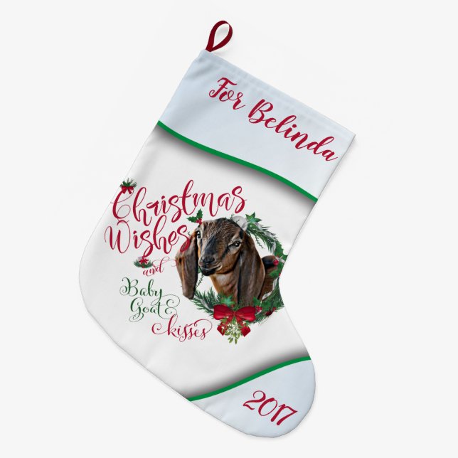 GOAT | Christmas Wishes Baby Goat Kisses Nubian 2 Large Christmas Stocking (Front (Hanging))