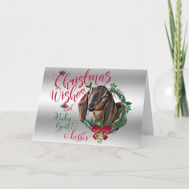 GOAT | Christmas Wishes Baby Goat Kisses Nubian 3 Holiday Card (Front)