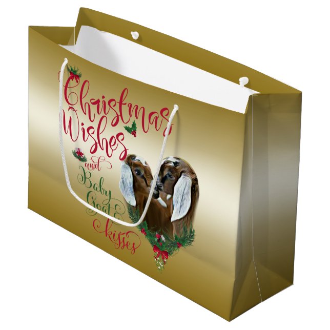GOAT | Christmas Wishes Baby Goat Kisses Nubian 3 Large Gift Bag (Front Angled)