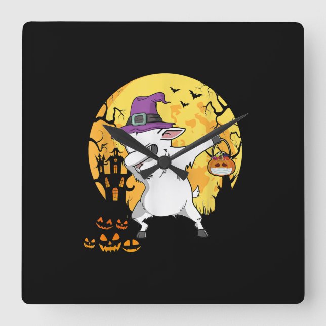 Goat Dabbing Witch Pumpkin Funny Dog Halloween Square Wall Clock (Front)