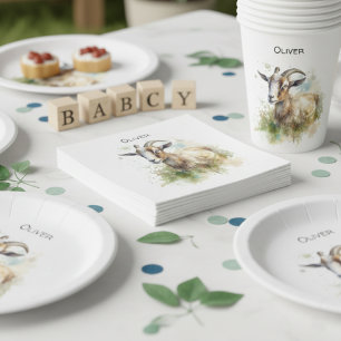 goat in a green pasture watercolor customisable napkin