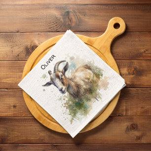 goat in a green pasture watercolor customisable napkin