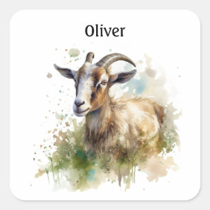 goat in a green pasture watercolor customisable square sticker