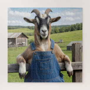 Goat in Denim Blue Bib Overalls Jigsaw Puzzle