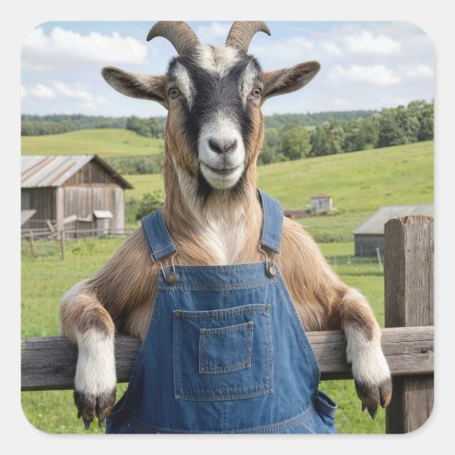 Goat in Denim Blue Bib Overalls Square Sticker (Front)