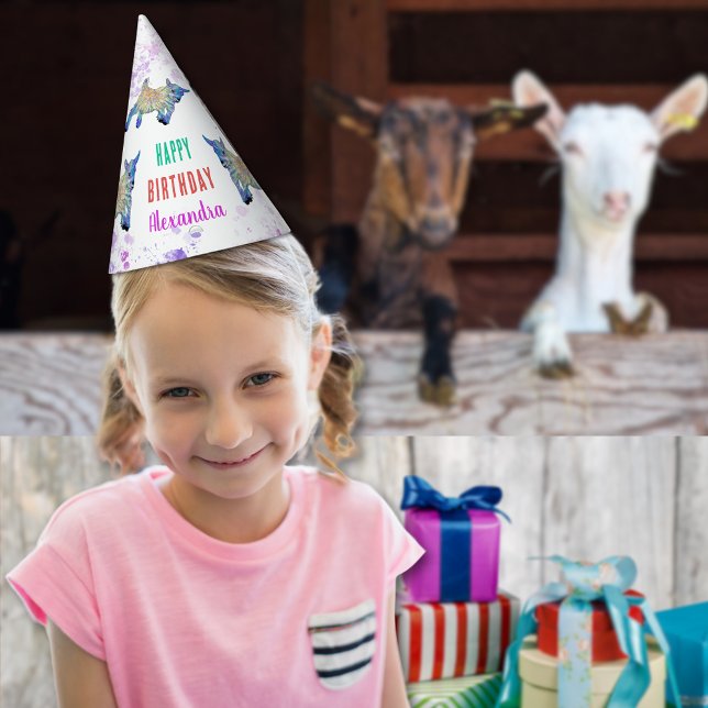 Goat Personalised Birthday Party Party Hat (Cute goat colorful farm animal art happy birthday custom name paper hat watercolor splash any age)