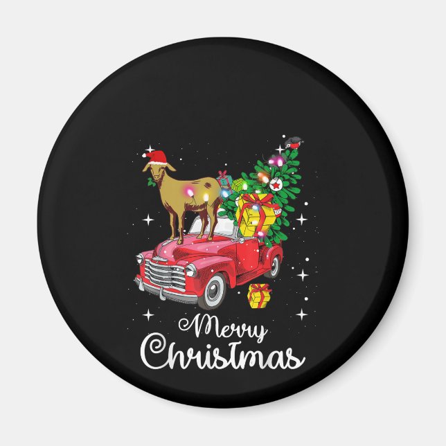 Goat Rides Red Car Christmas Magnet (Front)